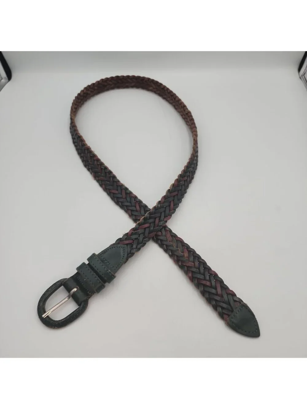 Vintage Men's Leather Braided Belt 38 Green Brown Fits Up To 41